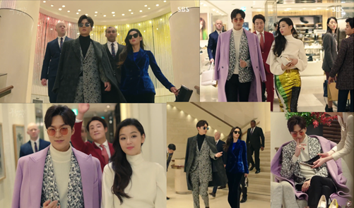 Collage of the rich outfits that Sim Cheong and Joon Jae wear as part of the con