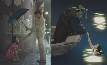 The iconic scene of the mermaid reaching out to the man, reflected in both their modern and Joseon lives